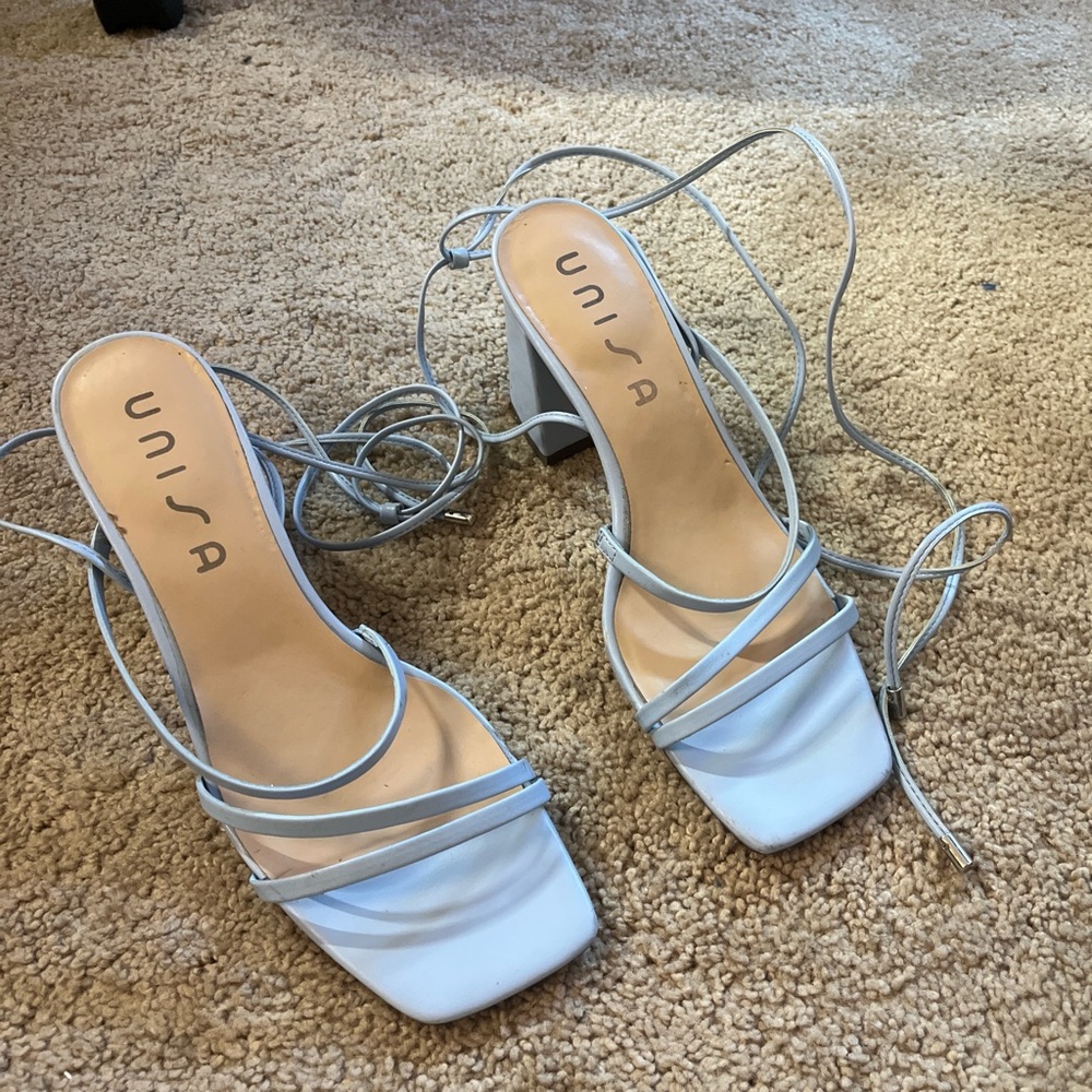Unisa Pale Blue Lace-Up Square Toe Block Heels